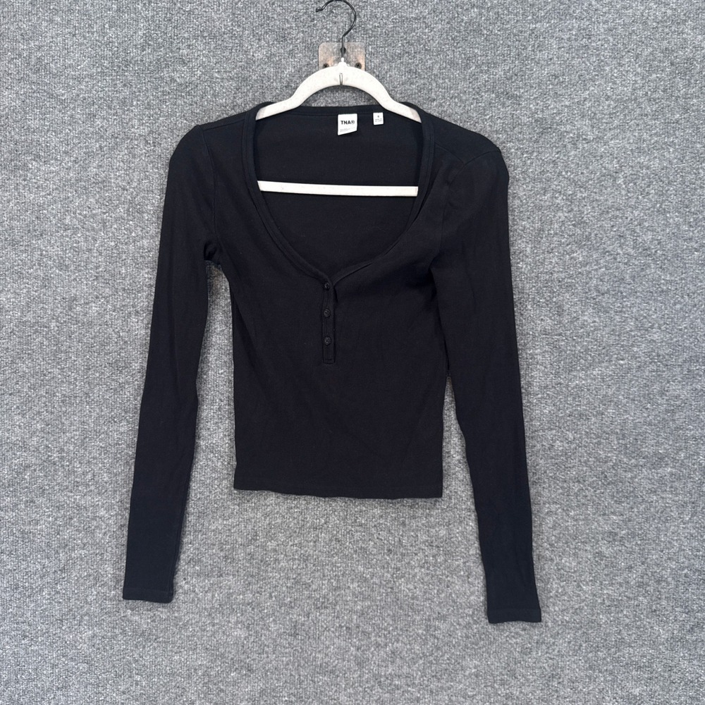 TNA Henley Shirt Women Small Black Long Sleeve Ribbed Scoop Neck Casual Top